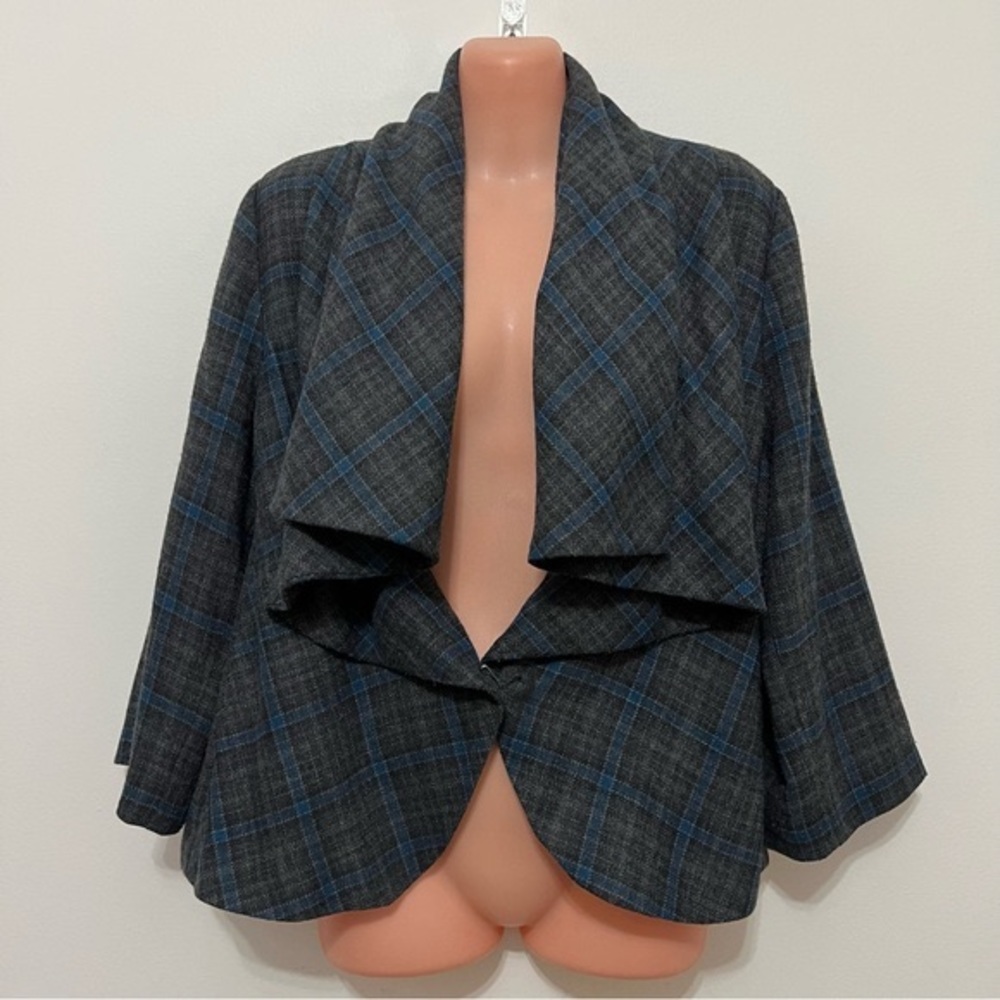 Cabi Gray & Blue Plaid Waterfall Cardigan Jacket Outerwear Corpcore Office